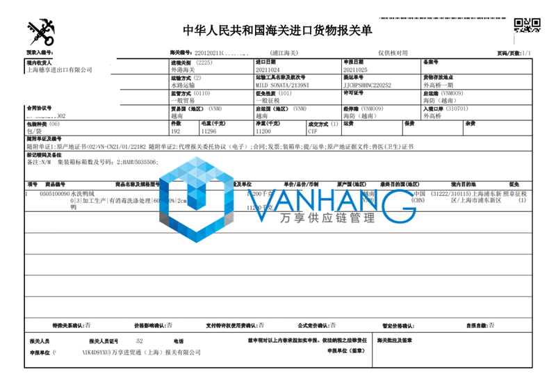 水洗鴨絨進(jìn)口報關(guān)代理公司操作案例